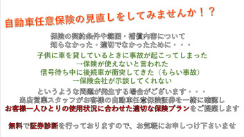 自動車任意保険の契約内容、詳しくご存じですか？加入内容のアドバイスを行っております☆お気軽にお申しつけ下さいませ